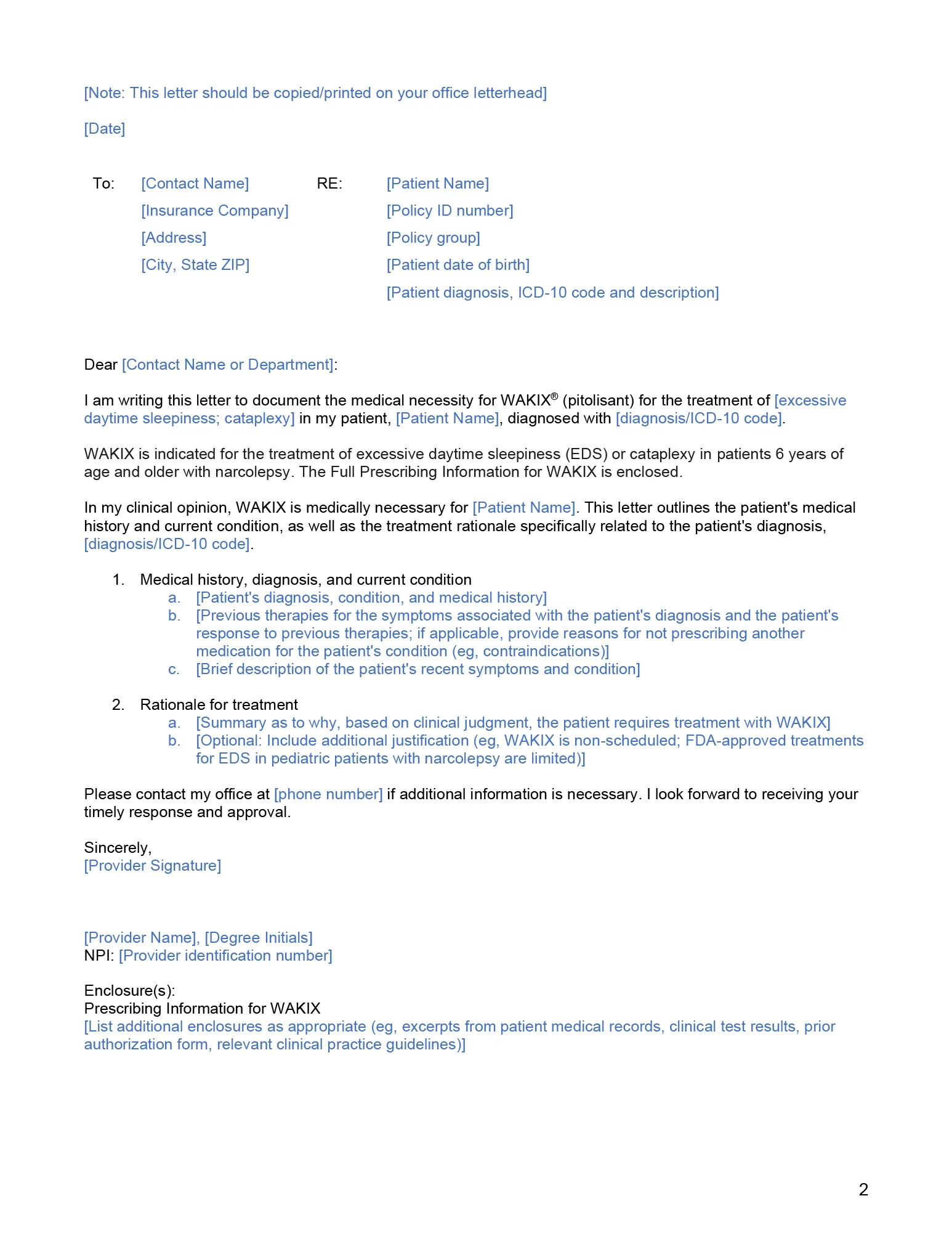 WAKIX Letter of Medical Necessity template